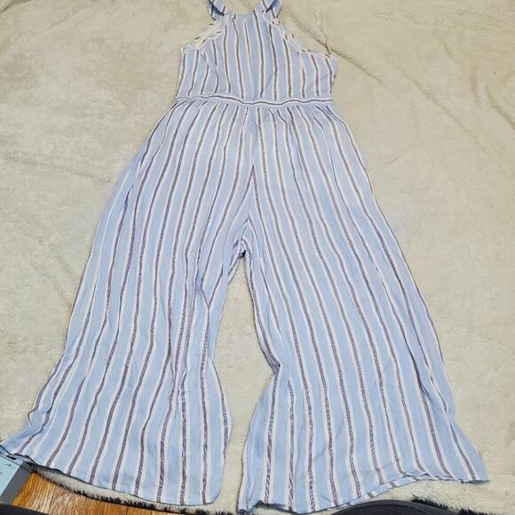 NWT Needlework Blue White Striped Sleeveless Halter Cottage Wide Leg Romper L - Picture 1 of 12